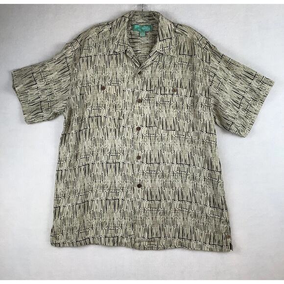 Kahuna Bay By Visitor Mens Medium Shirt Short Sleeve Collar Silk Blend Tan Black - Picture 1 of 10